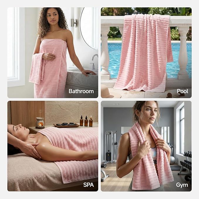 REDKISS 2Pack Large Bath Towels 31×63 inches, 100% Cotton, Super Soft and Absorbent, Quick-Dry Towels, Perfect for Bathroom,Plush Shower Towels-Pink