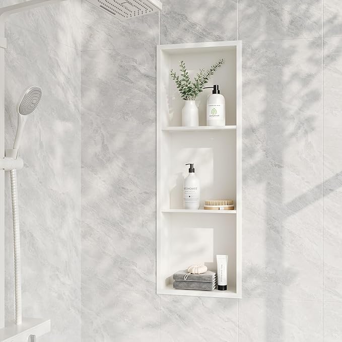 Neodrain 12X36 Inch Shower Niche, White 3-Tier Stainless Cubby NO Tile Needed Recessed Niche Shower for Bathroom Storage, Waterproof Wall Shelf