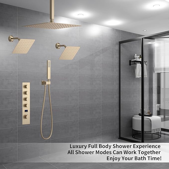 Brushed Gold Shower System Digital Temperature Display Shower Faucet Set with 12 inch Ceiling Mounted + Dual 8 inch Wall Mounted Shower Head Combo Set, Handheld Spray