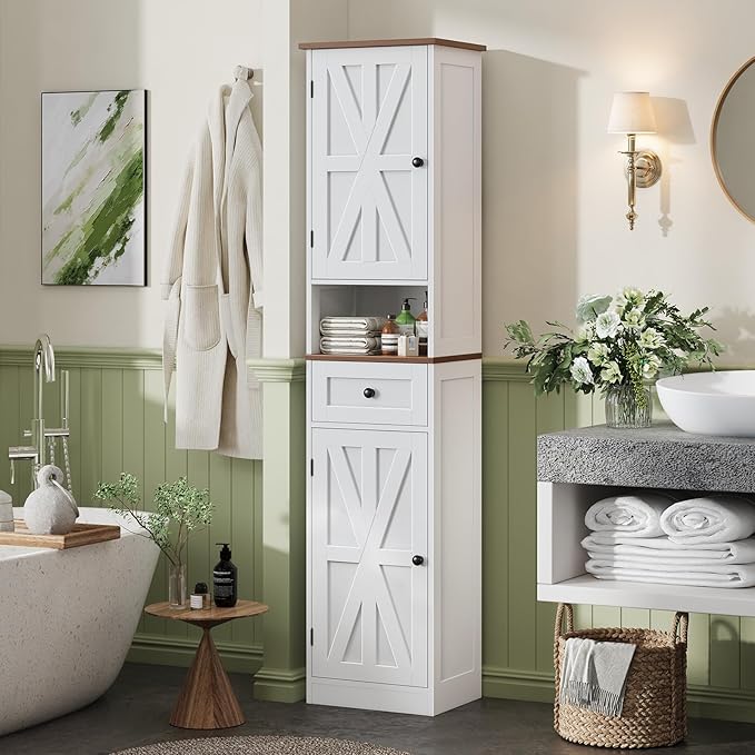 67" H Tall Bathroom Cabinet, Narrow Storage Cabinet with 2 Barn Doors and 1 Drawer, Freestanding Floor Cabinets with 5 Shelves and Open Storage Shelf for Bathroom, Living Room, Kitchen, White