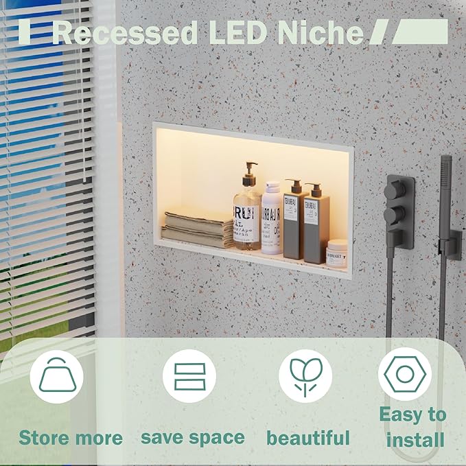 24"x12" Lighted Shower Niche ，Stainless Steel Waterproof Shower Storage with Lighting ，No Tile Needed ，Matte White （ 24 x 12 in）