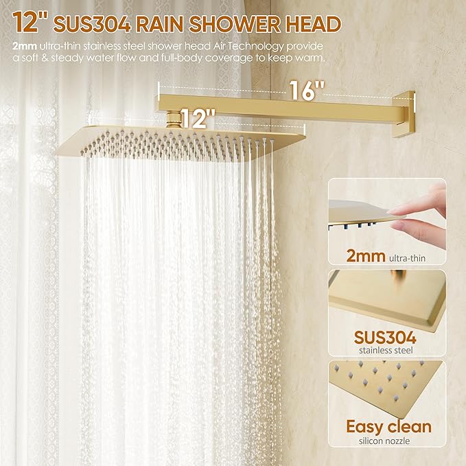 Gold Tub Shower System, All Metal Tub Shower Faucet Set with 12" Rain Shower Head and Handheld Spray combo, Wall Mounted Shower Systems with Tub Spout, Valve and Trim Kit, Brushed Gold