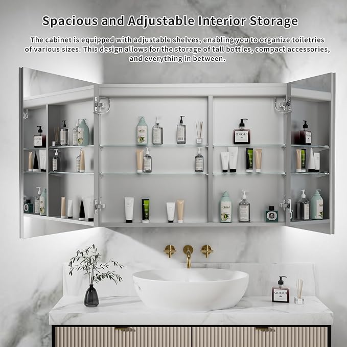 GroGro LED Lighted Bathroom Medicine Cabinet with Mirror,40" W x 30" H Medicine Cabinet with Lights,Surface or Recessed Mounting,Defog,Dimming,3-Color Temperature Adjustment