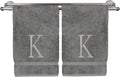 Monogrammed Hand Towel, Personalized Initial Gift, Extra Absorbent 100% Turkish Cotton - Soft Terry Finish - Set of 2 - Silver Block Initial K - Embroidered on Grey Towels