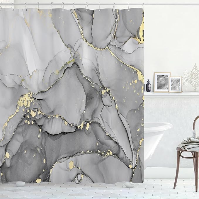 Grey Marble Shower Curtain, Modern Abstract Fabric Shower Curtains for Bathroom, Luxury Art Ink Texture Watercolor Shower Curtain Set with Hooks 72x72