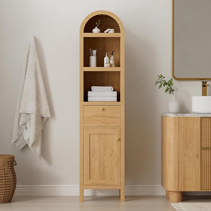 67" Tall Arched Bathroom Narrow Storage Cabinets Set of 2 with Adjustable Shelf, Farmhouse Freestanding Tower Cabinet with Door and Drawer for Kitchen, Living Room, Natural Oak