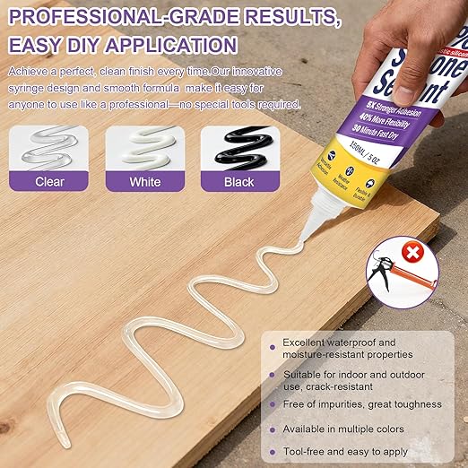 High-Strength Silicone Sealant & Adhesive - 100% Waterproof, Flexible Caulk for Kitchen, Bathroom, Shower, Window, Auto - Creates Durable, Shrink & Crack Resistant Seal 5 Oz. Tube. (Black)