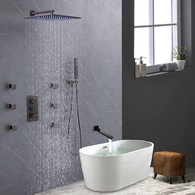 Thermostatic Shower System Oil Rubbed Bronze Tub Shower Faucet Set with Tub Spout and 12 Inch Wall Mounted LED Rainfall Full Body Shower Head, 6 PCS Body Jets, Handheld Shower
