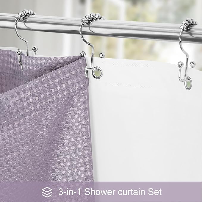 3 in 1 Extra Long Purple Shower Curtain Set-72 W x 84 H, Lavender Waffle and PEVA Liner Set with 12 Stainless Steel Hooks, Waterproof Fabric for Bathroom