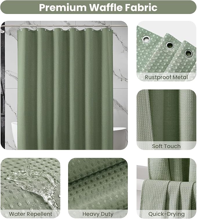 Inhousolu Fabric Shower Curtain Waffle Weave, Sage Green 230 GSM Heavy Duty, Weighted Hem, 8 Metal Hooks, Water Repellent, Machine Washable, Hotel Spa Luxury Bath Curtain Set, 36 x 72 Inch