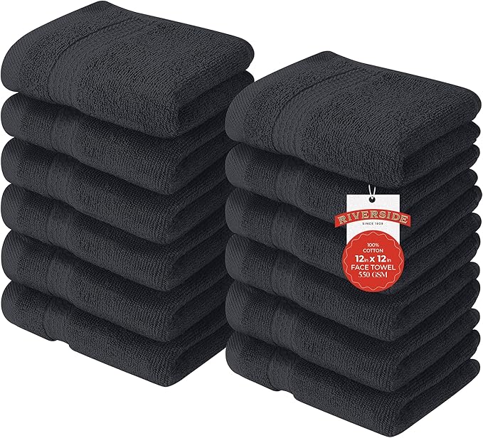 RIVERSIDE 12 Pack Premium 100% Cotton Face Washcloths, 550 GSM, 12 x 12 Inches, Soft, Absorbent Towels for Body & Shower, Bathroom Wash Clothes, Durable Face Towels Set for Spa, Gym, Charcoal