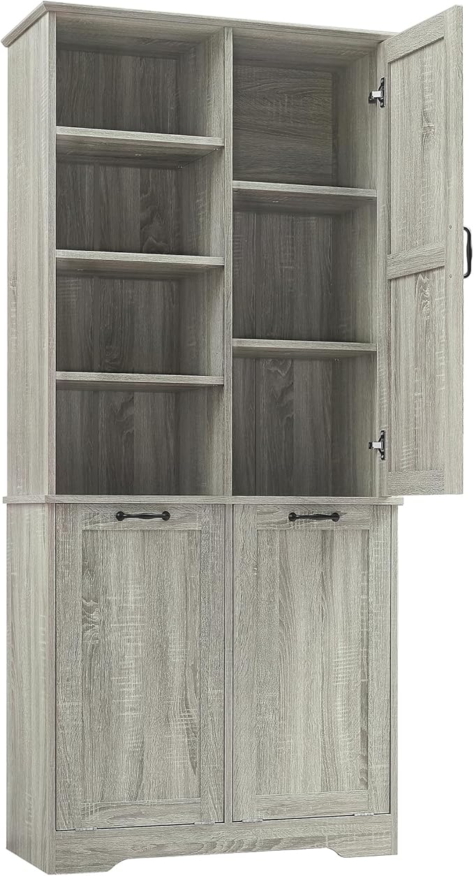 Favfurish 68" Tall Bathroom Storage Cabinet with Door and 2 Tilt-Out Laundry Hampers,Modern Linen Cabinets w/Open Shelf & Adjustable Shelves,Freestanding Organizer for Laundry Room,Kitchen,Oak
