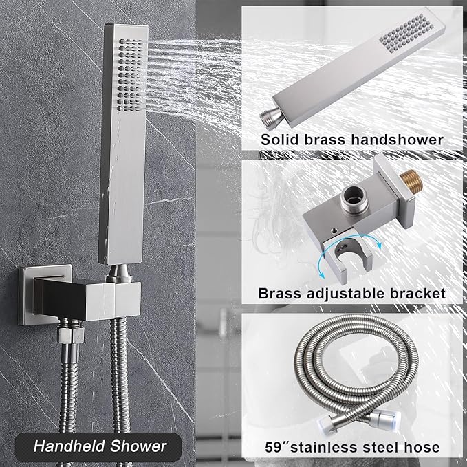 Shower System Brushed Nickel Temperature Display Shower Faucet Set, 14X20 inch Ceiling Mounted Shower Head, with 6 PCS Body Jet and Handheld Spray