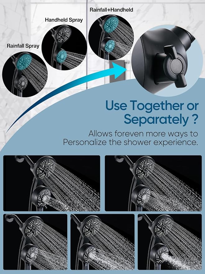 Cobbe High Pressure 3-Way Shower Head Combo, Hand Held Shower & Rain Shower Separately or Together, Dual 2 in 1 Showerhead with Stainless Steel Hose - Black
