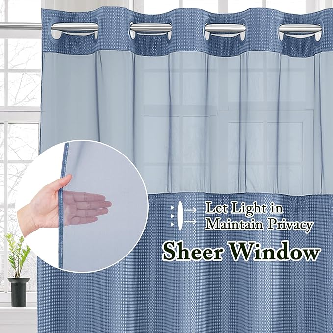 Gibelle Stall Small Shower Curtain 36x74, Waffle Weave Shower Curtain with Snap-in Fabric Liner Set, No Hooks Needed, Hotel Style with Mesh Top Window, Moonlight Blue