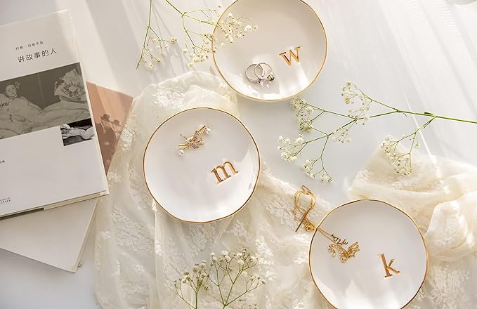 COLLECTIVE HOME - Ceramic Jewelry Tray, Decorative Trinket Dish for Rings Earrings Necklaces Bracelet Watch Keys, Birthday Mother's Day Christmas Gift for Women, 4.75", White Surface (O)