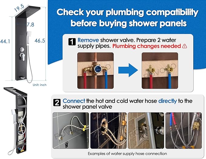 ROVOGO Shower Panel Tower System with Rainfall Shower, Body Jets, Handheld and Tub Spout, High Pressure Shower Column Stainless Steel, 46.5 in. Black