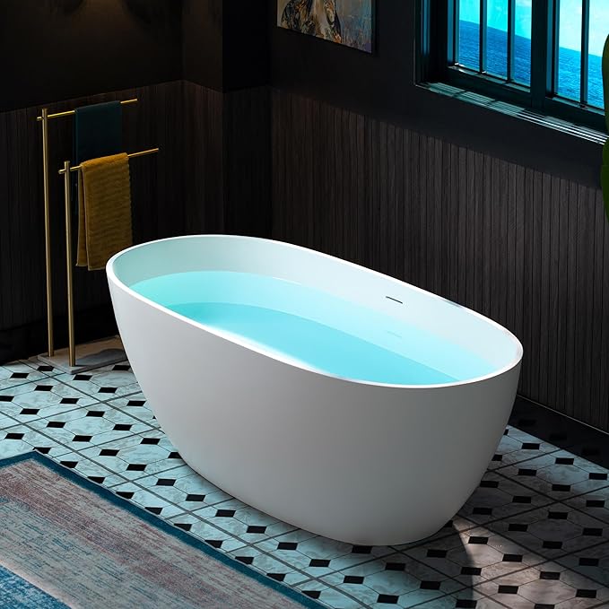 WOODBRIDGE 63" L x 28.35" W Stone Resin Luxury Contemporary Solid Surface Freestanding Soaking Tub in Matte White