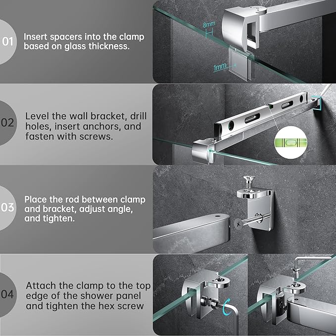 Frameless Shower Door Support Bar, Stainless Steel Wall-to-Glass Support Arm to Fixed Shower Glass Panel, for 1/4"-3/8" (6-10 mm) Door, 180° Pivot & Stow-Flat Mode (Chrome, 23.6-inch(600mm))