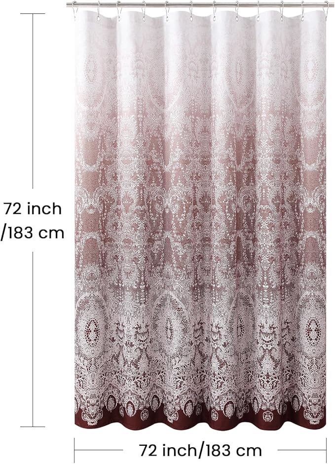 Chantilly Lace Shower Curtain - Heavyweight Polyester, Burgundy to White Ombre Design, 72" W x 72" H
