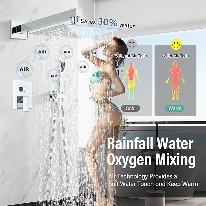 Shower Faucet Polished Chrome Shower System with 8 Inches Rain Shower Head and Handheld Spray Bathroom Luxury Rain Shower Faucet Set Complete Wall Mounted