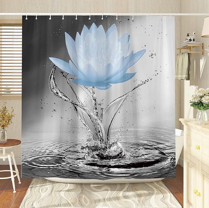 Lotus Shower Curtain Black White Grey Blue Flower Elegant Blooming Floral with Dew Spring Flower Reflection on Water Modern Romantic Polyester Fabric Bathroom Decor 86×70 Inch with Hook