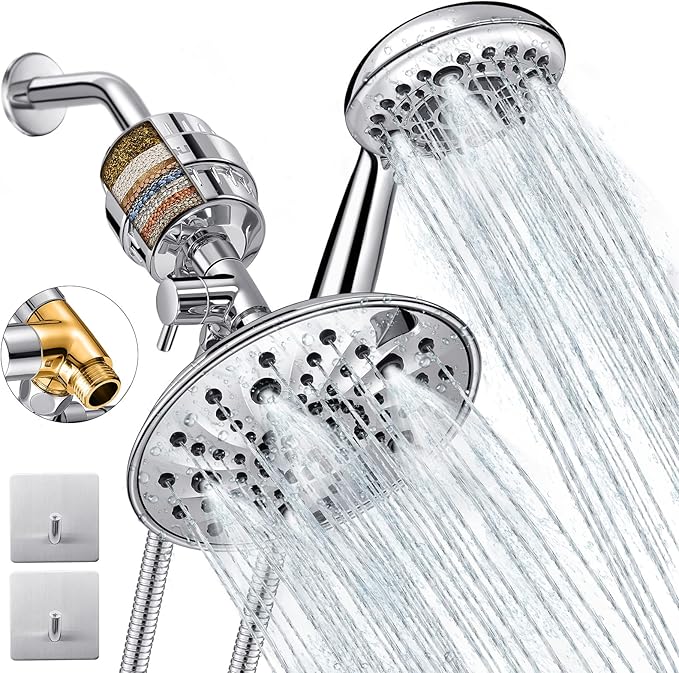 Dual Filtered Shower Head Showerhead 79" Hose Handheld Sprayer Combo, Filtration Rain Rainfall, 20 Stage Water Filter for Chlorine Well Hair Dry Skin, Metal Diverter, Chrome, (DSFC04, round, 8")
