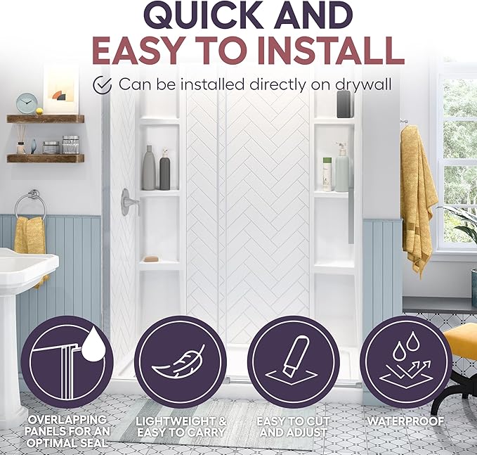 White Acrylic Shower Wall Surround 36"x 60"x 80" - Waterproof Easy-to-Install Two Shelf Units Kit Included - Shower Wall Surround Panels - Chevron Tiles Pattern, Classic Shelves