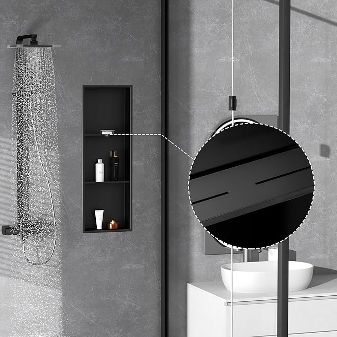 Neodrain 3-Tier 12X36 Inch Recessed Shower Niche Tile Ready, Matte Black Stainless NO Tile Needed Wall Niche for Shower & Bathroom Storage, Waterproof Bath Organizer