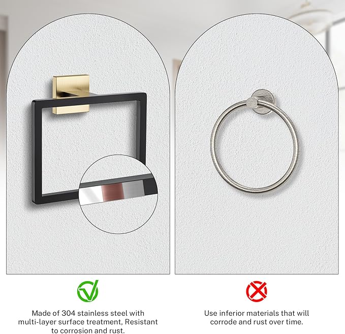 Black and Gold Towel Ring Square Hand Towel Holder Towel Hanger Bathroom Hardware Accessories Stainless Steel Wall-Mounted Towel Rack