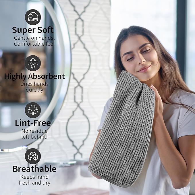 Microfiber Waffle Hand Towels, 4 Pieces, Soft, Absorbent, Fast Drying, Lint Free (Gray)