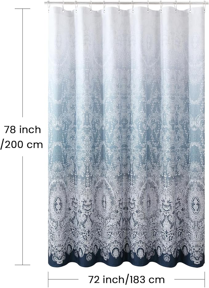 78 Inch Long Shower Curtain - Chantilly Lace Design, Heavyweight Polyester, Storm Blue to White Ombre, 72" W x 78" H