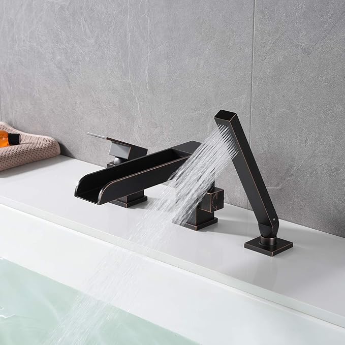 Waterfall Roman Tub Faucets Deck Mount Oil Rubbed Bronze Bathtub Faucets Brass Tub Filler Bathroom Faucets with Hand Shower