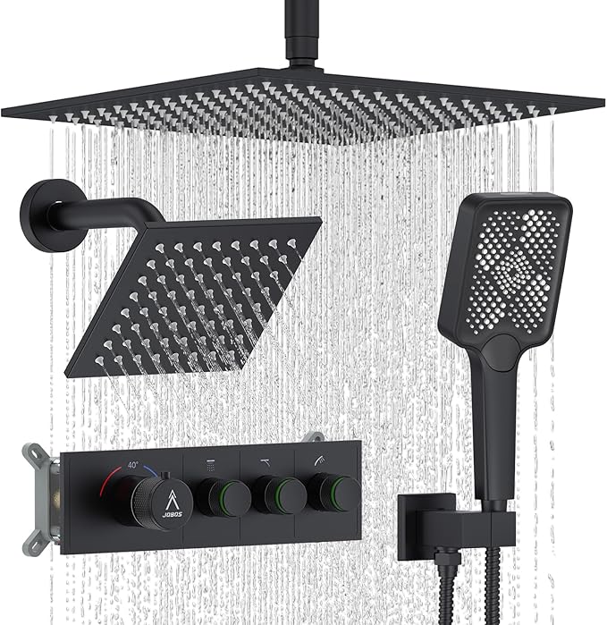 Shower System Brass Thermostatic Shower Faucet Set With Valve and Diverter Shower Mixer With Rain Head and Handheld High Pressure Square Rainfall