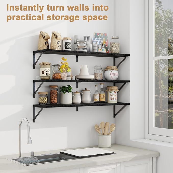 Fun Memories Long Wall Shelves for Bedroom, Set of 3 Large 40-Inch Floating Bookshelves, Rustic Wood Display Shelf for Home and Office (Black)