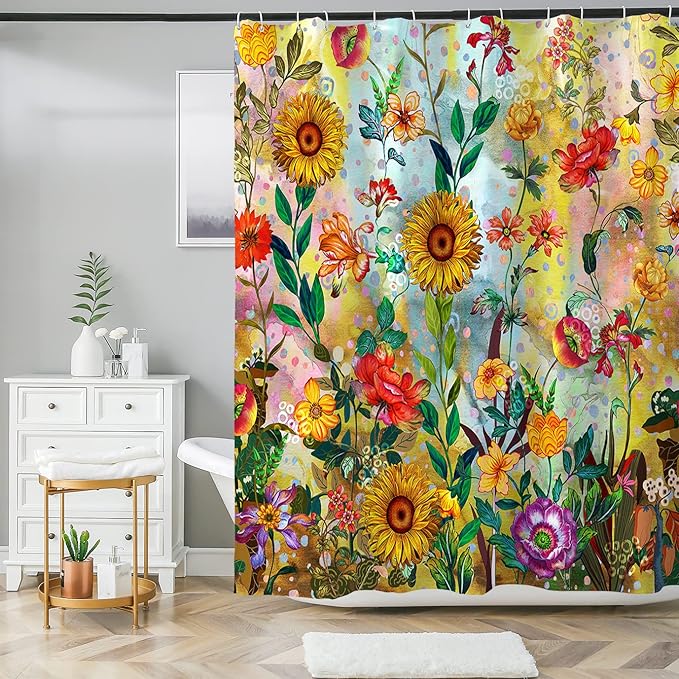 Bohemian Shower Curtain, Boho Floral Print Water Repellent Polyester Fabric for Bathroom Decor, 72×72 Inch Standard Size with 12 Hooks, Also as Room Divider