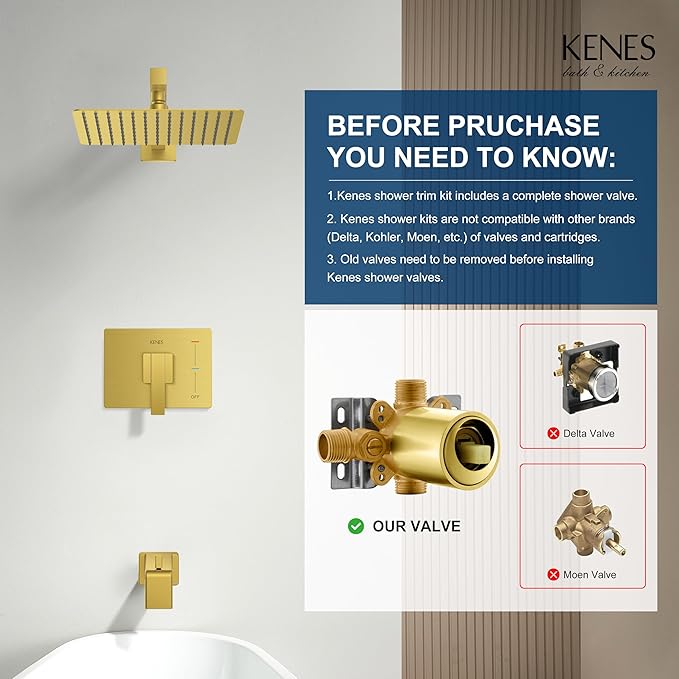 KENES Brushed Gold Tub and Shower Trim Kit, Square Tub Shower Faucet Set Complete with 10-Inch Rainfall Shower Head and Tub Spout, KE-6024A-4 (Shower Valve Included)