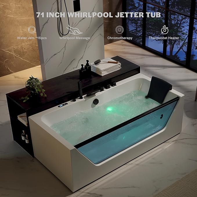 Empava Acrylic Whirlpool Bathtub, 71-Inch Jetted Bathtub with Heater, 10 Jets Hydromassage with Chromatherapy, 3-Side Apron with LED Control Panel, Waterfall, Black Hardware and Nozzles