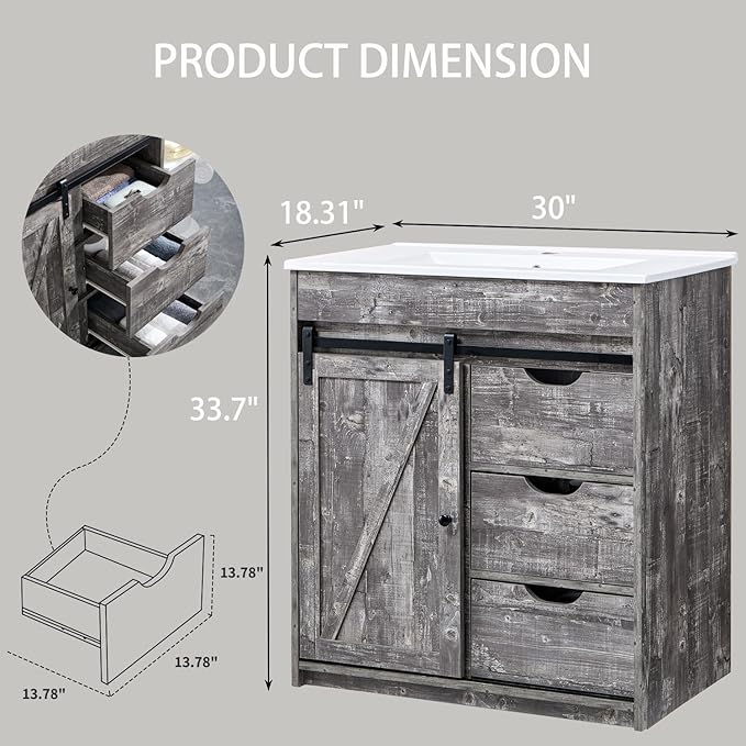 30" Farmhouse Bathroom Vanity with Sink, Freestanding Bathroom Storage Vanity Cabinet w/Sliding Barn Door & 3 Drawers, Adjustable Shelves, Light Grey