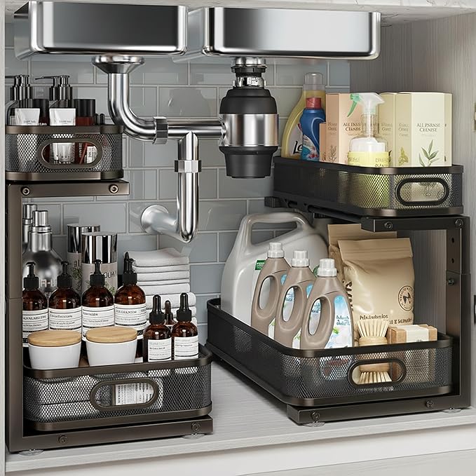2 Pack Under Sink Organizer, Dual-Layer Pull Out Mesh Cabinet Rack with 5-Level Height Adjustment, Rust-Resistant Sliding Storage for Bathroom & Kitchen, Multi-Purpose 2-Tier Shelf(Black)