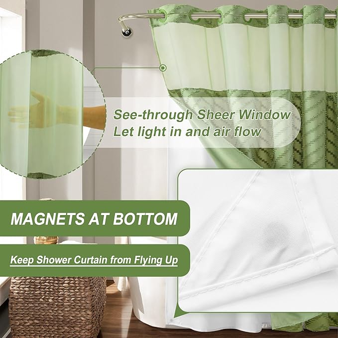Long No Hook Tufted Chevron Striped Shower Curtain with Snap-in PEVA Liner Set - 72" x 86", Hotel Style with See Through Top Window, Sage Green Water Repellent Fabric Shower Curtain