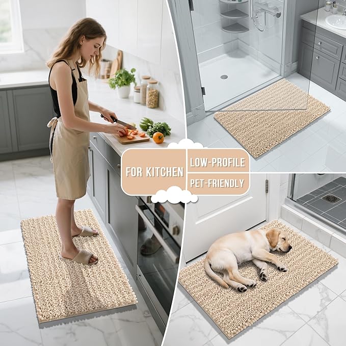 Yimobra Bathroom Runner Rug 70x24 Inch - Extra Long Non Slip Chenille Bath Mat, Soft & Absorbent, Machine Washable Shaggy Hallway Carpet for Vanity Tub Shower, Light Brown Home Decor Accessories