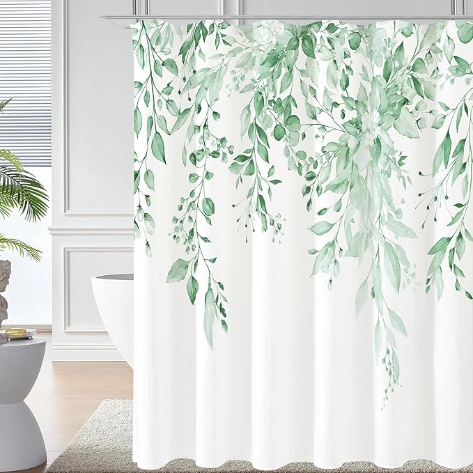 Gibelle Extra Long Shower Curtain 72 x 84, Tall Mint Green Floral Shower Curtain for Bathroom, Watercolor Plant Eucalyptus Leaves Fabric Shower Curtain Set