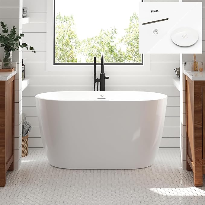 FerdY 47" Bali Acrylic Freestanding Bathtub with Headrest, Gracefully Shaped Freestanding Soaking Bathtub, cUPC Certified, Toe-Tap White Drain & Overflow & Bath Pillow Included