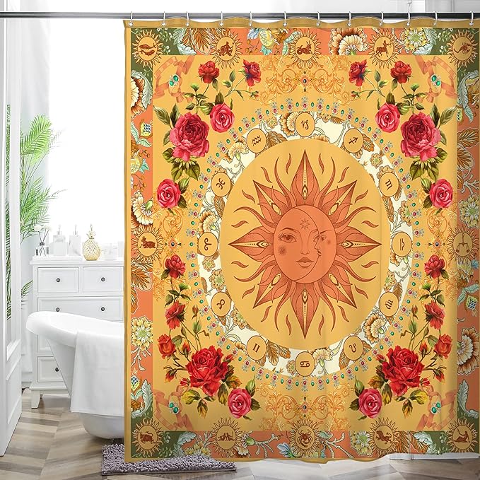 Bohemian Shower Curtain, Boho Floral Print Water Repellent Polyester Fabric for Bathroom Decor, 72×72 Inch Standard Size with 12 Hooks, Also as Room Divider