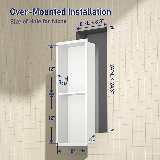 Stainless Steel Shower Niche 8"×24" White Double Shelves No Tiled Needed Niche Shower for Wall Recessed Shower Shelf for Bathroom Storage