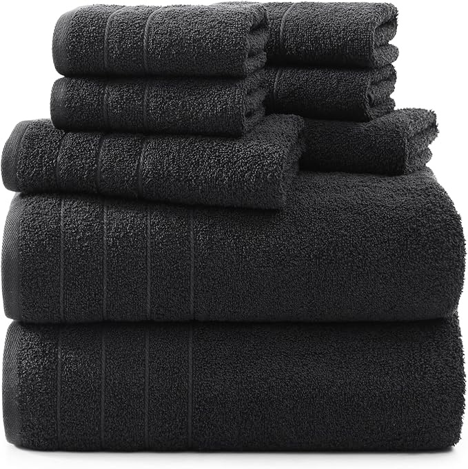 Casa Platino 100% Mercerized Cotton Luxury Bathroom Towels Set - 8 Piece - Ring Spun - 2 Bath, 4 Washcloths, 2 Hand Towels - Remains Soft & Absorbent Even After Multiple Washes - Midnight Black