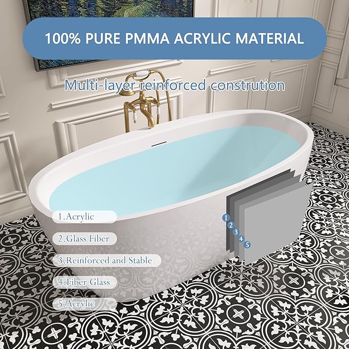 59" Free Standing Tub, Pure Acrylic Freestanding Bathtub, Stylish Stand Alone Contemporary Deep Soaking Bath Tub, cUPC Certified SY5850 (Glossy White)