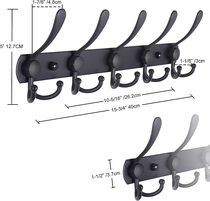 Dseap Coat Rack Wall Mounted - 5 Tri Hooks, Heavy Duty, Stainless Steel, Metal Coat Hook Rail for Coat Hat Towel Purse Robes Mudroom Bathroom Entryway (Blue, Pack of 2)