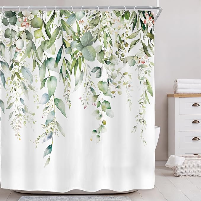 Riyidecor Sage Green Eucalyptus Shower Curtain,Fabric Cloth Bathroom Curtains,Leaves Plants Spring Floral Botanical Leaf Nature Watercolor Bath Shower Curtains Decor Set 72x72 Inch